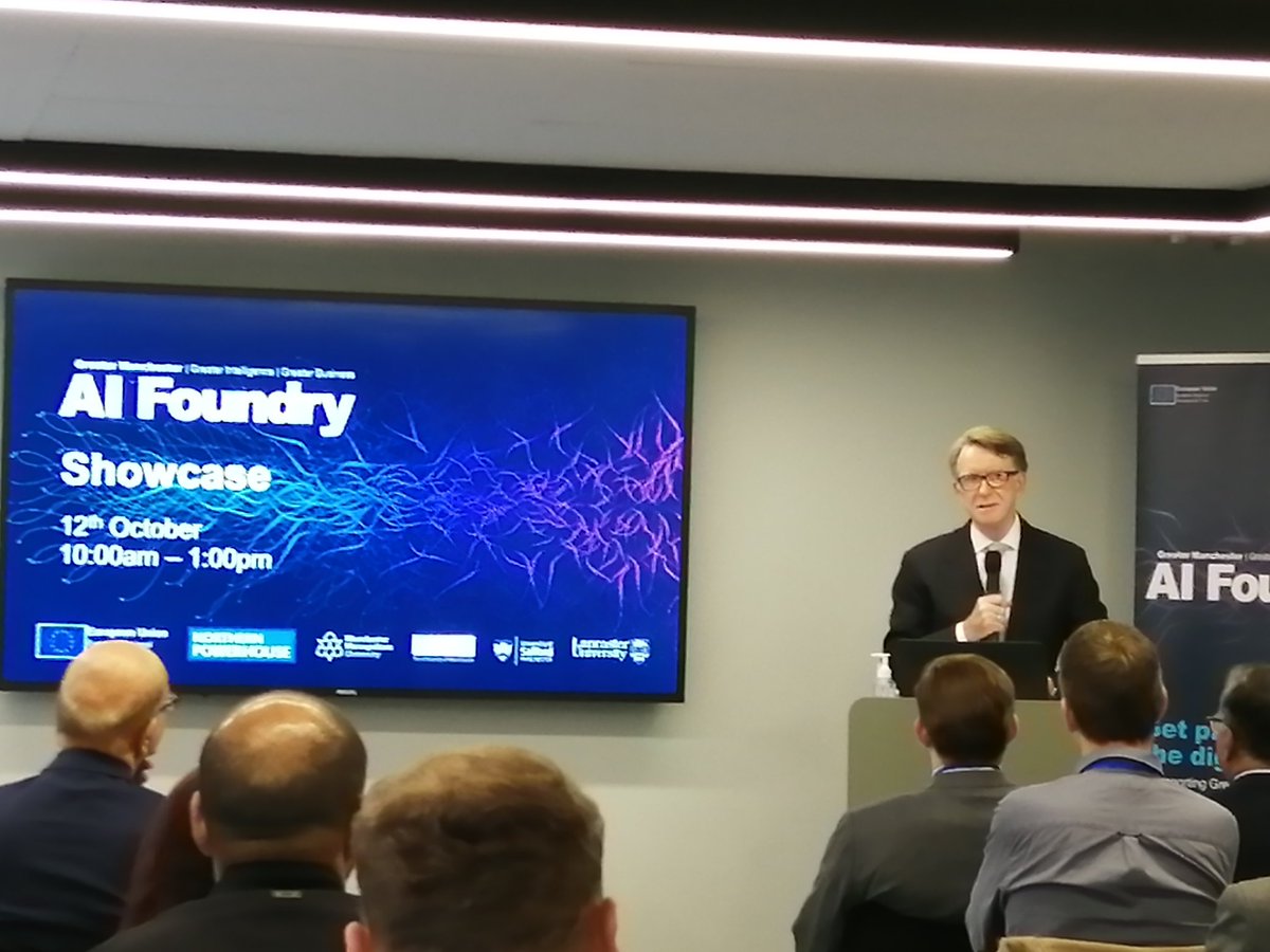 RachelMartinUoS's tweet photo. Lord Peter Mandleson speaking about the impact AI is having on our lives now and in the future, and Greater Manchester becoming a leading #cyberopolis @GMAIFoundry @SalfordUniNews https://t.co/yAA9FYLo4K