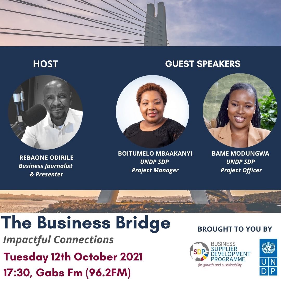 ATISASDP's tweet photo. Join @UNDP_Botswana as we launch an exciting new radio show - The Business Bridge with Rebaone Odirile.
Listen in for more on existing & emerging business opportunities in #Botswana.
📆Tuesday 12th October
⏰5:30 PM
📻@Gabzfmnews
#undpsdp
#undpbotswana
#impactfulconnections https://t.co/fNPRaBR3OQ