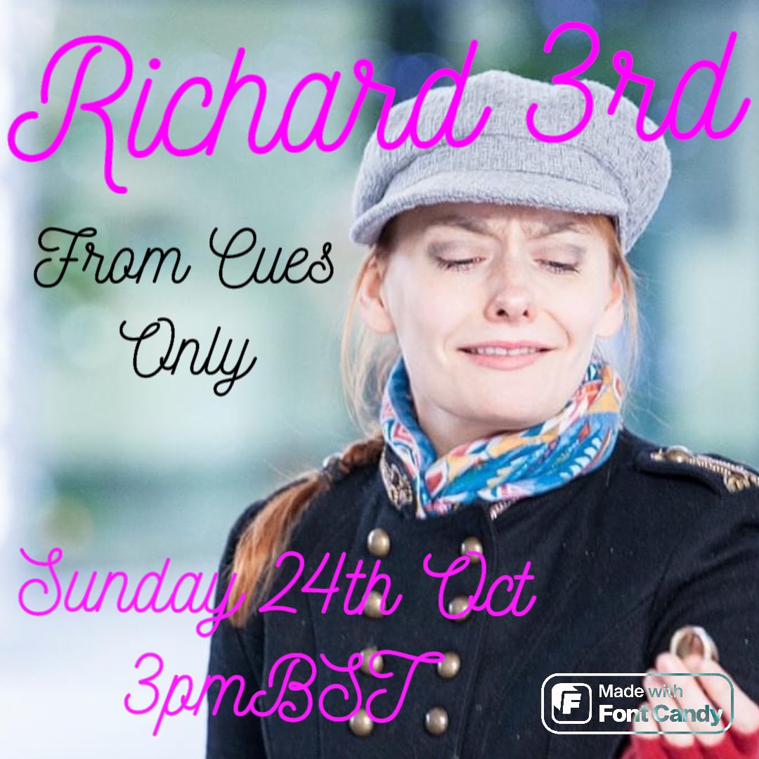 shakescenery's tweet photo. No secrets this time: @TaraRitthaler is completing her role as Richard of Gloucester in RICHARD 3rd ⚔️ join us 3pmBST Sunday 24th October - it’s going to be epic! #Shakespeare #liveperformance #cuesonly #cuescripts https://t.co/E9iwDAcutA