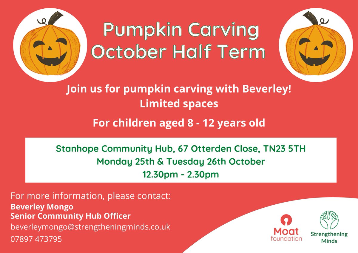 The #gravesend #gillingham #sittingbourne &amp; #ashford community hubs have a whole host of activities over the October half term, from boxing with <a href="/OlympiaBoxing/">Olympia Boxing CIC</a> &amp; lunch provided by <a href="/FareShareUK/">FareShare</a>, arts/crafts &amp; 🎃carving! To register:
form.jotform.com/212793259713361
<a href="/SMindsCommunity/">Strengthening Minds Community</a>
