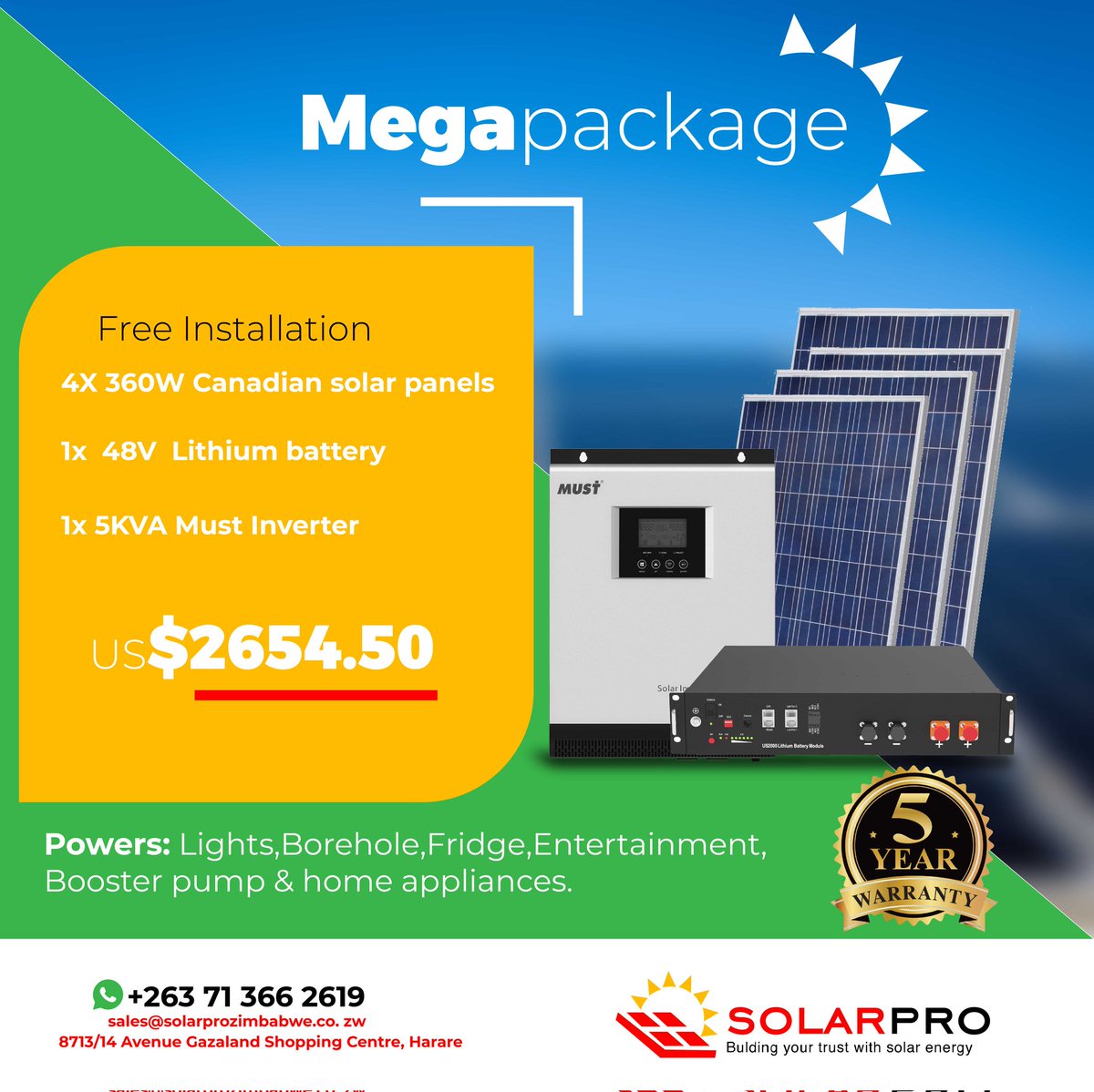 Our solutions are driven by creativity and innovation. No project is too small or too large for Solar Pro Zimbabwe ! Call us at 0713662619 and we can help you solve your solar problems! 

#SolarProZimbabwe #SolarPower #RenewableEnergy #Zimbabwe #Harare #Localbusiness #Solar
