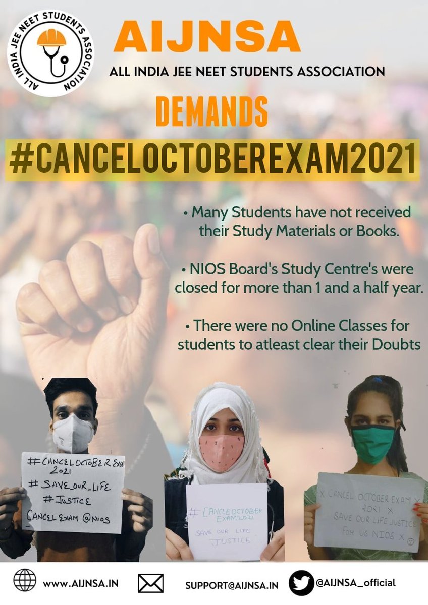 UrHimanshuBorah's tweet photo. I had meeting with #NIOS students. Their concerns are genuine. @niostwit should immediately #cancelOctoberexam2021 for safeguarding the students future.
Many students haven't yet received the study materials and many other issues.
My support is with you all. https://t.co/uWwfCM9HAO