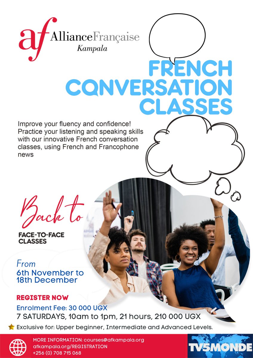 AFKampala's tweet photo. #ConversationClasses are back starting 6th November!
Join us to polish your speaking and listening skills.
#letsspeakfrench #exercisefrançais https://t.co/gQZ9WxHLet
