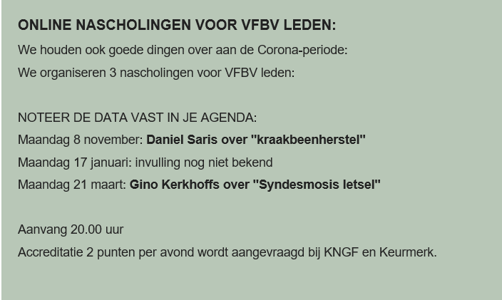Het VFBV organiseert 3 online nascholingen, waarvoor 2 accreditatie punten aanvraagt zijn. Zet ze in je agenda en schrijf je alvast in voor 8 nov 21 ow.ly/5MTN50GpVAy