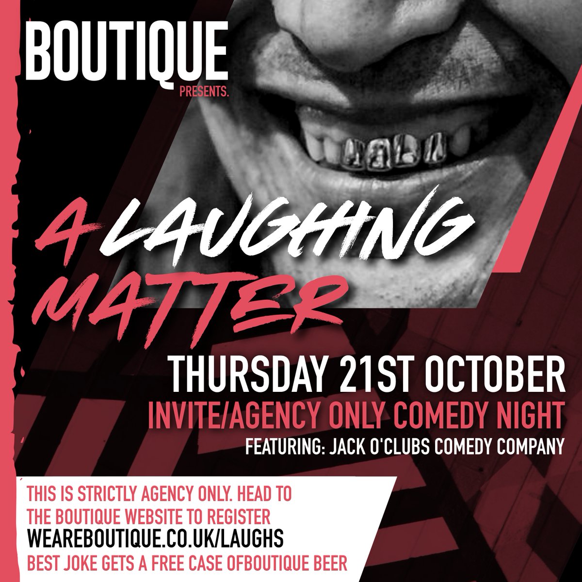 We're hosting an evening of wide smiles and belly laughs exclusively for agency folk of Leeds. Hosted by Leeds comedy circuit Jack of Clubs Comedy, this is an INVITE/AGENCY ONLY event so register using your work email address. No funny business. weareboutique.co.uk/laughs/