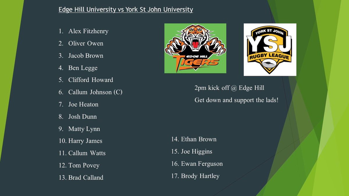 Our team for tomorrow’s season opener with <a href="/YorkStJohnRL/">York St John Rugby League</a> 
7 lads make their tigers debut as the boys look to start the year strongly.
Get down and support the team, 2pm on the top pitches.
Up the Tigs🐯💚