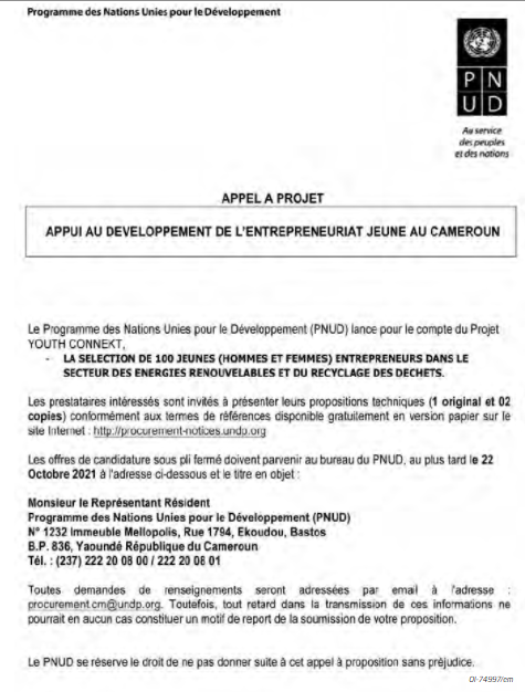JobAlert237's tweet photo. YOUTH CONNEKT : Appel à projet.

Sélection de 100 jeunes entrepreneurs dans les secteurs des #énergies #renouvelables et du #recyclages des #déchets.
#PNUD
Date limite: 22 Octobre 2021. https://t.co/dBhJBze1Sq