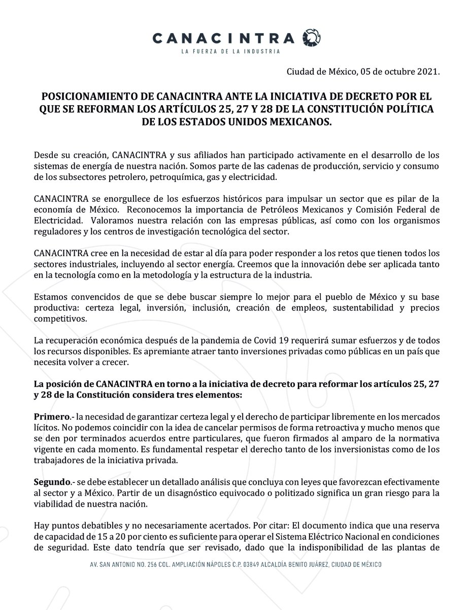 morcanacintra's tweet photo. Les compartimos el Posicionamiento de Canacintra ante la iniciativa de decreto por el que se reforman los artículos 25, 27 y 28 de la Constitución Política de los Estados Unidos Mexicanos.

#ReformaEnergética #CFE https://t.co/XEkDVKoQPG