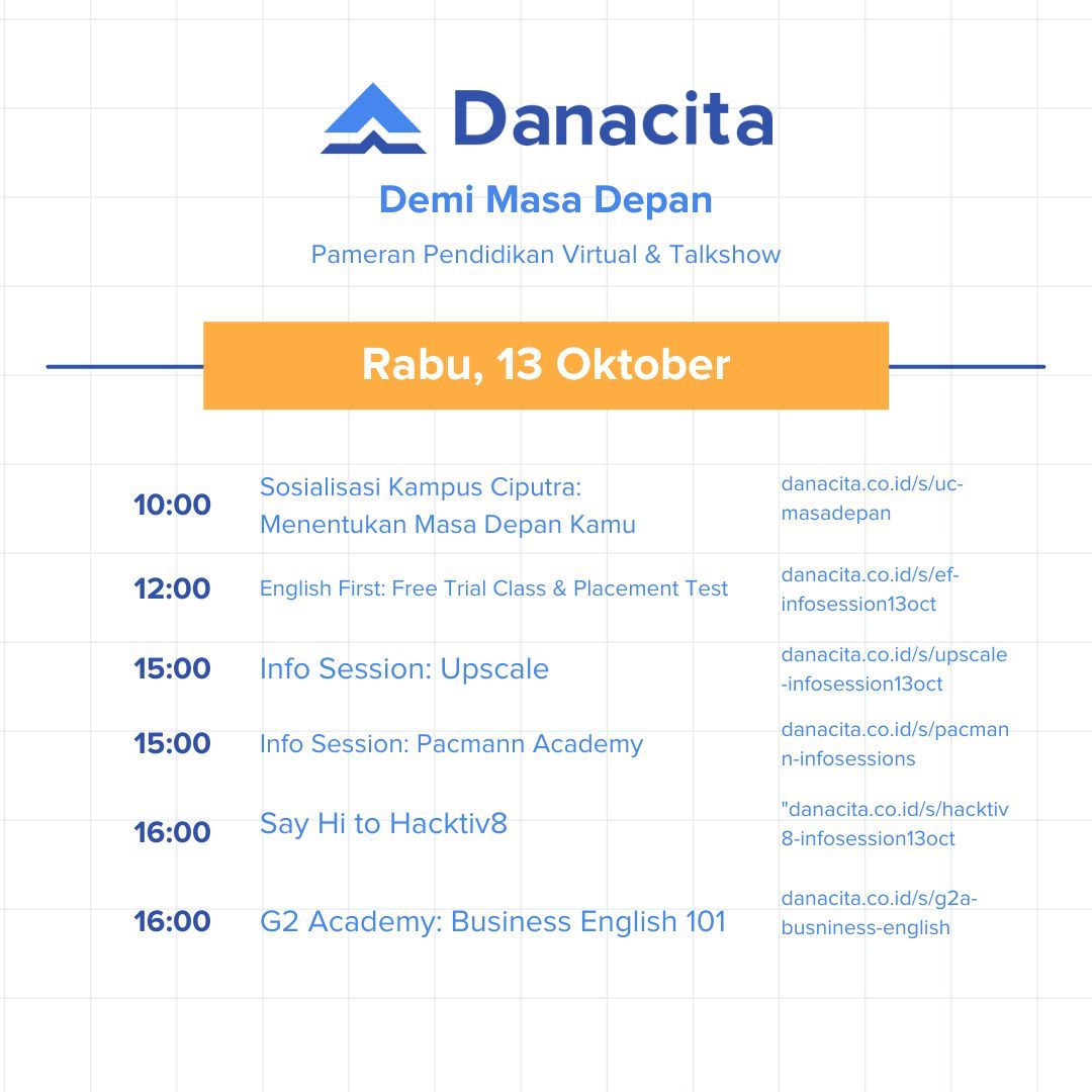 masukkampus's tweet photo. Jangan lewatkan rangkaian acara #DemiMasaDepan besok, 13 Oktober 2021.
Dapatkan hadiah dan promo eksklusif. Semua peserta juga akan mendapatkan e-sertifikat gratis!
Daftar langsung GRATIS di: https://t.co/6e5D144YTU
Info lebih lanjut @Danacita_id https://t.co/54TyJPObzk