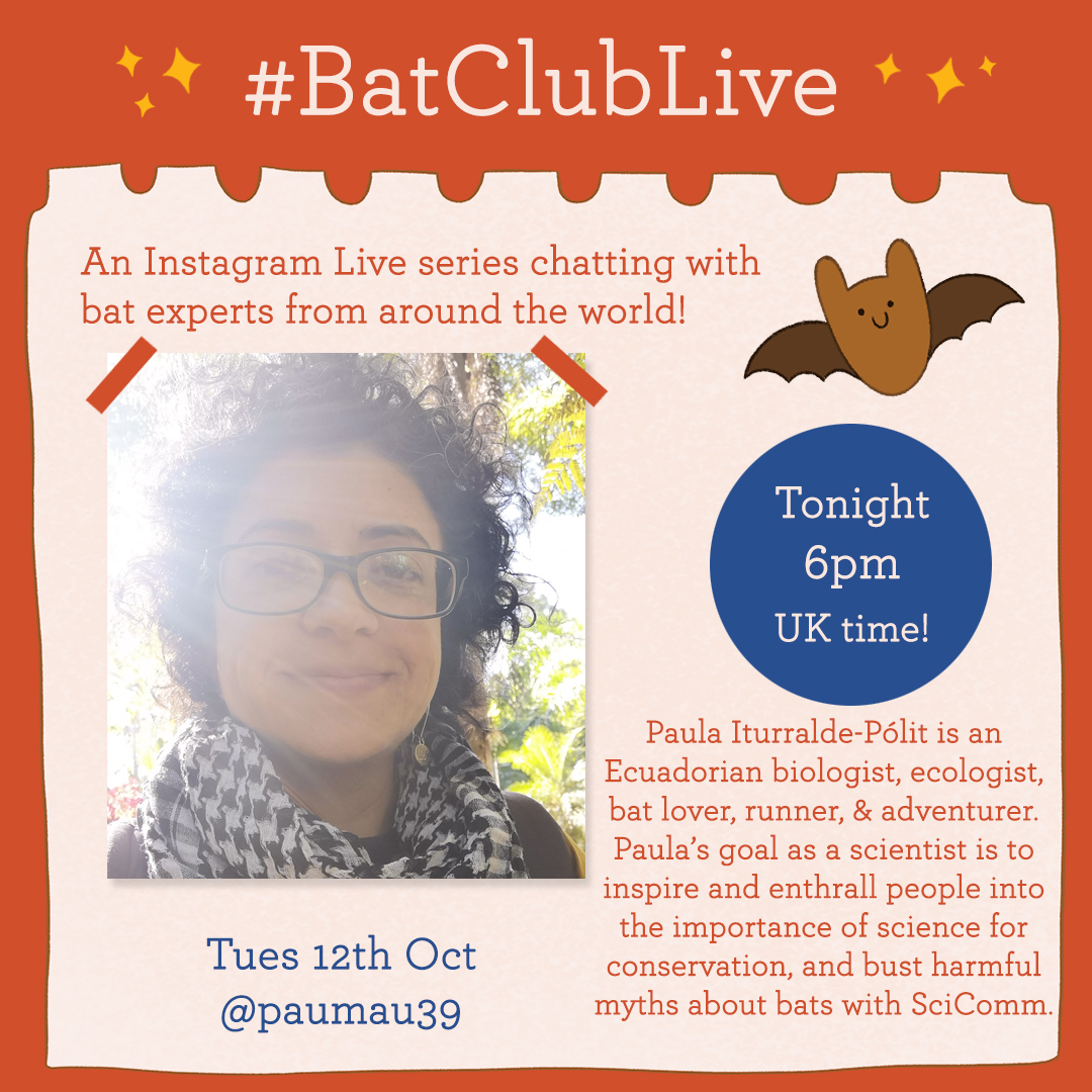 EmmaIllustrate's tweet photo. 🦇So excited to chat to @PauMau39 on my instalive @EmmaIllustrate tonight at 6pm!
Paula Iturralde-Pólit is an Ecuadorian biologist, ecologist & bat lover. Paula’s goal is to inspire people into science for conservation & bust harmful myths about bats with #SciComm!
#BatClubLive https://t.co/rTddBy44o7