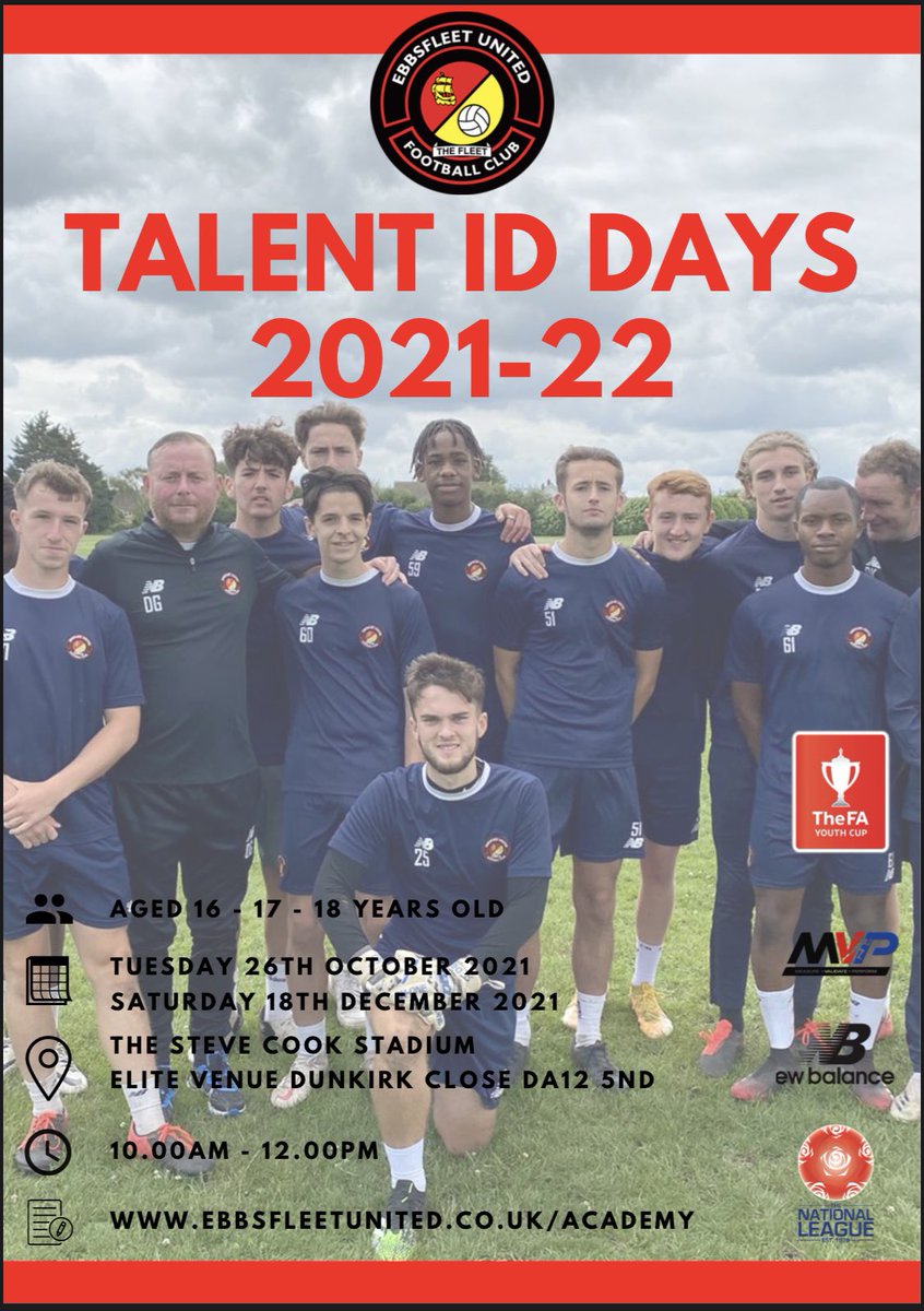 Recruitment | Academy is excited to confirm Talent ID days for our 2022 intake. Players currently in Year 11,12 or 13 are welcome to attend and can register now at ebbsfleetunited.co.uk/academy/apply-… <a href="/KentYouthLeague/">KentYouthLeague</a> <a href="/kentschools_fa/">Kent Schools FA</a> <a href="/Project_MVP/">Project MVP</a> <a href="/Academy1Sports/">Academy1Sports</a> <a href="/LondonFA/">London Football</a> @_CompletePlayer