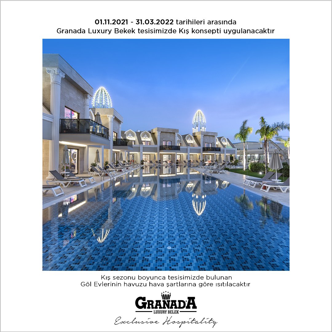 From 01.11.2021- till 31.03.2022 Winter Concept will be implemented at Granada Luxury Belek Hotel👑    

During the winter season , Lake House Family Outdoor swimming pool will be heated according to the weather conditions.

#ExclusiveHospitality #granadaluxurybelek