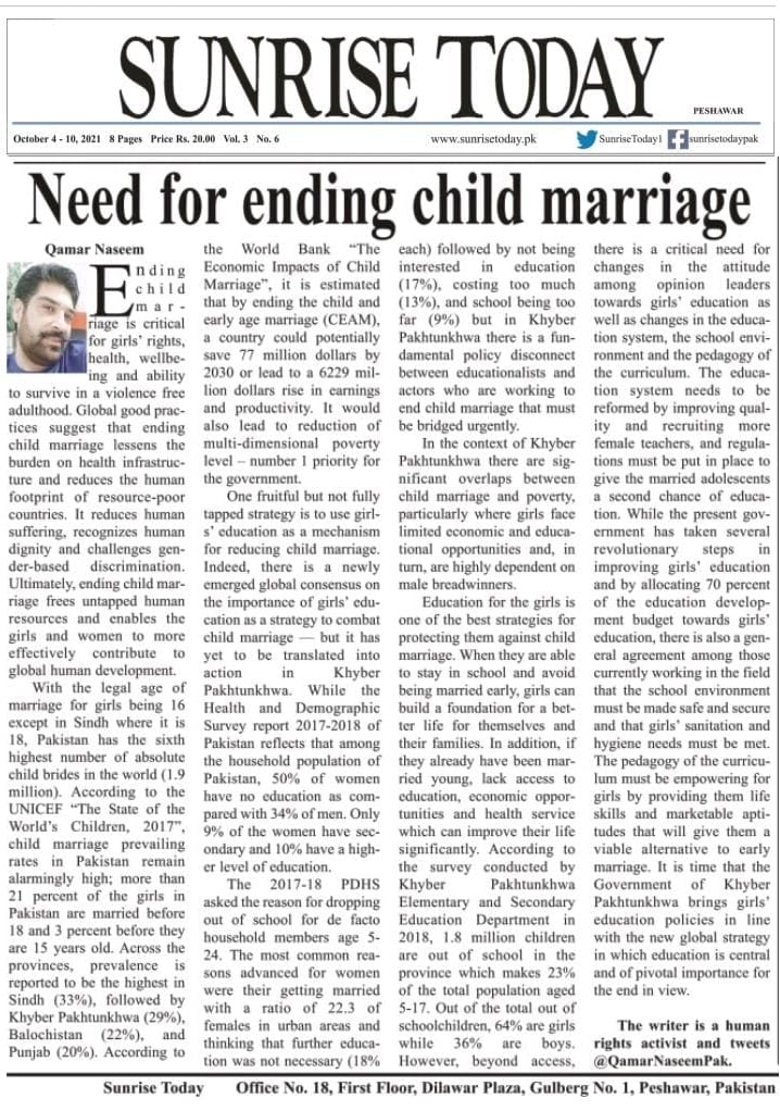 Blue Veins On Twitter A Media Article Inscribed By Qamar Naseem On Need For Ending Child Marriages In Kp Published In Sunrise Today Newspaper Under Powertogirls Campaign Https T Co Sozhzu5x1j