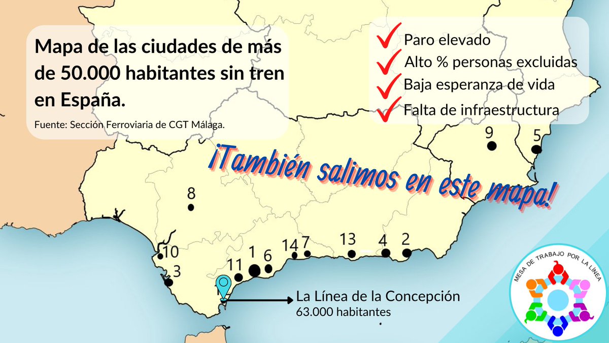 🚆La Línea está en el mapa de ciudades medias sin tren. Pero es que también está:

📈En el mapa de las ciudades con más paro. 
🏚️En el mapa de ciudades con más personas en situación de pobreza. 
💉En el mapa de ciudades con menos esperanza de vida. 

#JusticiaParaLaLínea