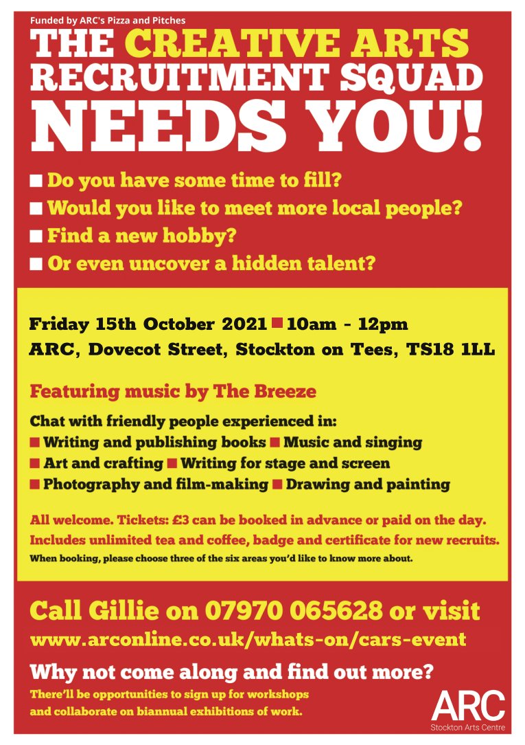 ArtsRecruit's tweet photo. It's our next creative arts recruitment drive on Friday,  hosted by @arcstockton. If you're a total novice, or ready to take the next step in your creative journey, come and meet our friendly team of experienced creative people.
Funded by Pizza &amp; Pitches
https://t.co/27yW7Ds5E9 https://t.co/IlwAOEKVQQ