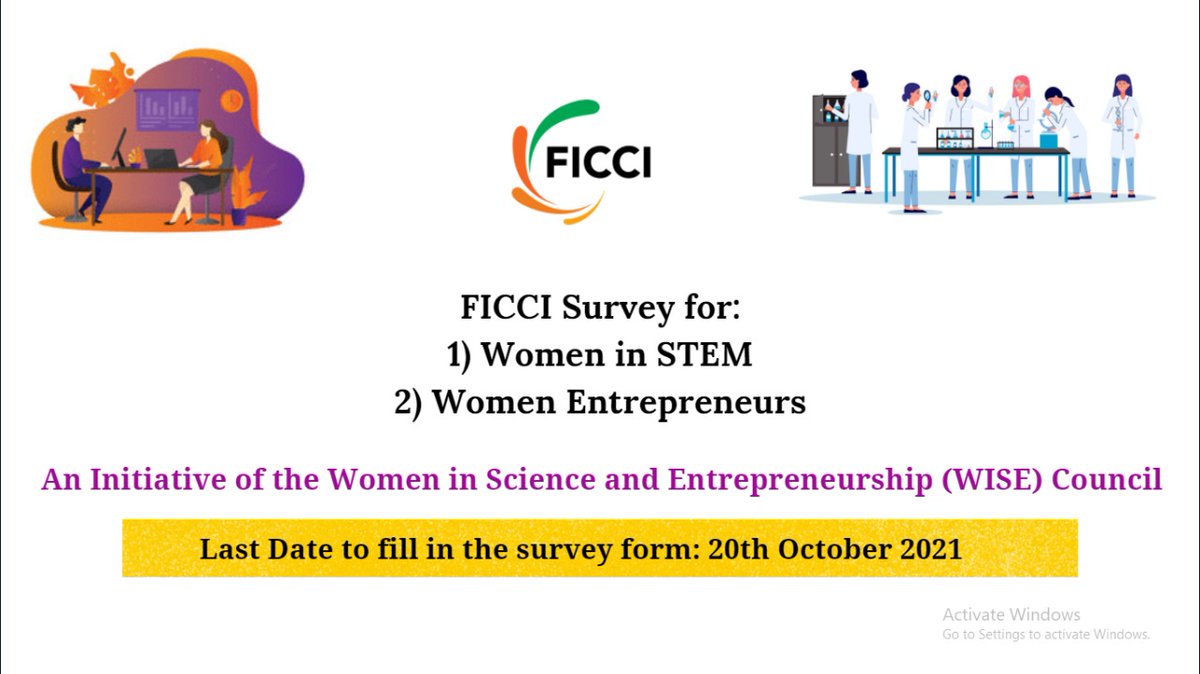 Calling #womeninSTEM and #womenentrepreneurs in India to take an important survey by the <a href="/ficci_india/">FICCI</a> WISE Council to understand the status quo. Take the surveys by October 15th at:

1) Women in STEM - forms.gle/Vp1TBKrqjPa4yu…  

2) Women Entrepreneurs - forms.gle/2rZN5TZQeRsDPf…
