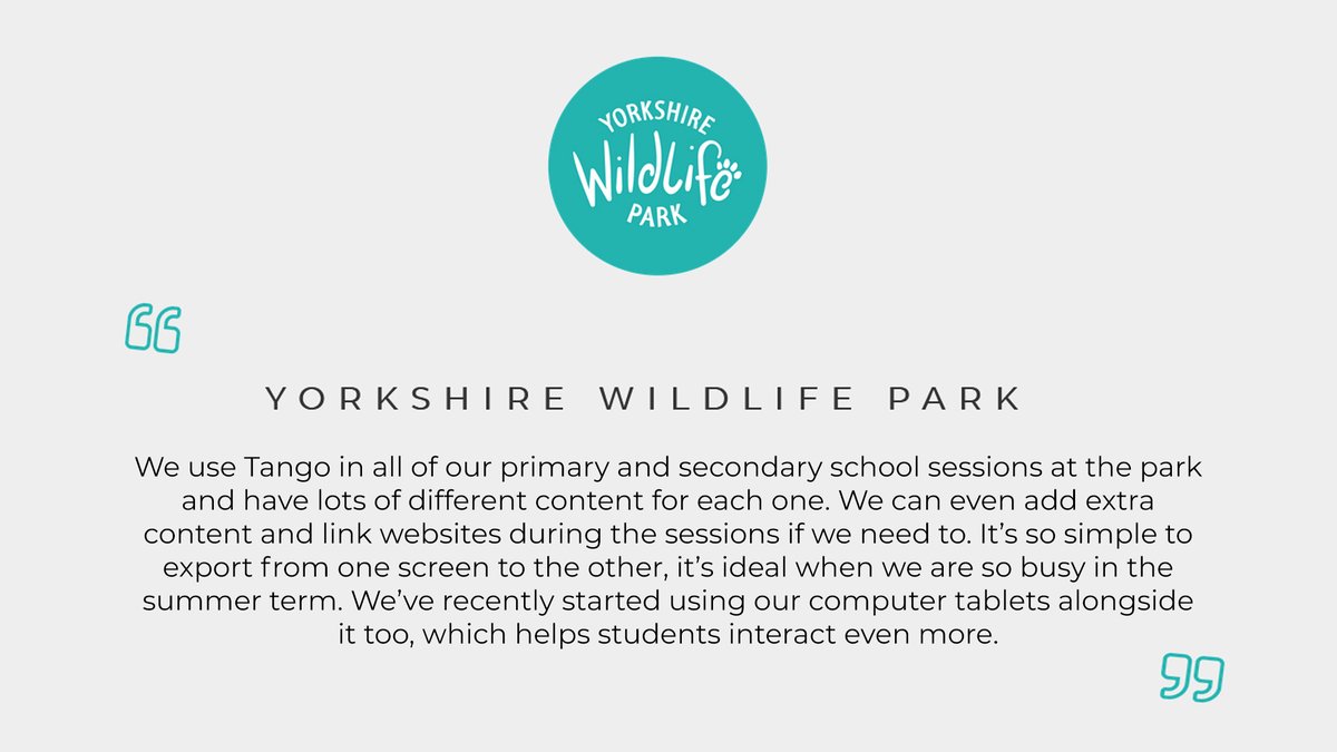 We love working with <a href="/YorkshireWP/">Yorkshire Wildlife Park 🦁</a>, the UK's No.1 walk-through wildlife adventure! 🐾

#tangotouch #testimonial #review #edtech #displayscreen #educationtechnology #learning #interactive #touchscreen
