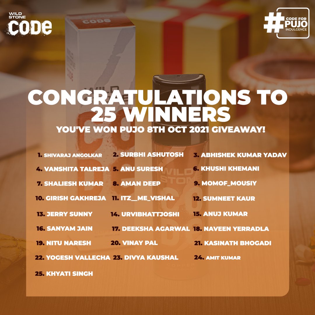 codeofficial_in's tweet photo. Thanks for the overwhelming response. Keep following and stay tuned for more and upcoming contests and giveaways!
#CodeForPujoIndulgence.

#Code #CodeDeo #CodeBodyPerfumes #CodeToHappiness #Giveaway #Giveaways #Contest #contestalert #giveaway #megagiveaway #festivegiveaway https://t.co/Ctki6WGePs