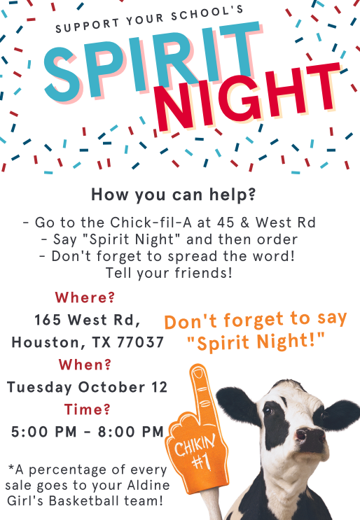 Go to @cfa45westroad and say 'Spirit Night' before you order between 5 and 8 pm tonight to support the @AldineHS_AISD Girls Basketball Program! @Aldine9_AISD @aldinesportsmed @gunghomustangs @AHSLadiesFutbol