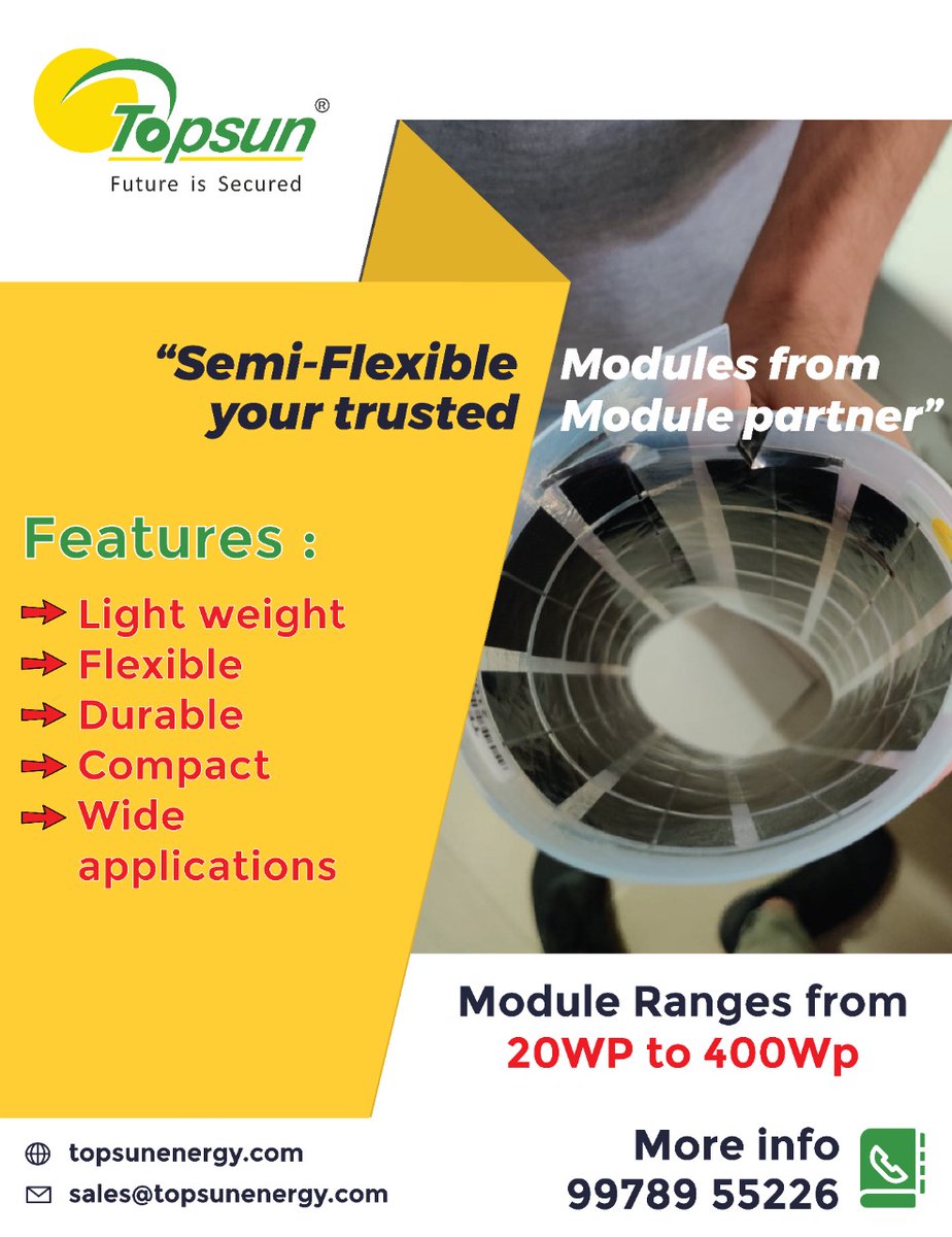 TopsunL's tweet photo. "Topsun's semi-flexible modules are available in all possible customisation in terms of size, wattage, flexibility and made as per choice of application.
#EV #SOLAR #makeinindia #madeinindia #pvmodules #PV #Innovation #flexiable #electrical #topsunenergy #solar #renewabl https://t.co/uXM4s0MMZW
