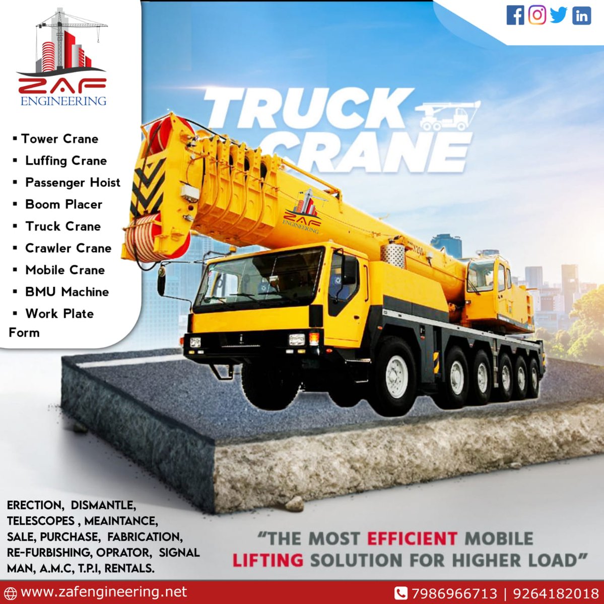 zaf_engineering's tweet photo. Zaf Engineering
"The Most EFFICIENT Mobile LIFTING Solution for Higher Load"!!
*Erection
*Dismantle
*Telescopes
*Meaintance
*Sale
*Purchase
*Signal Man
*A.M.C
*T.P.I
*Rentals
*Regards* 
Zaid Anwar Faizi.
*ZAF Engineering* 🏗🏗
*7986966713,9877310393 &amp; 9264182018*
#crane https://t.co/sQZOMCQZQl
