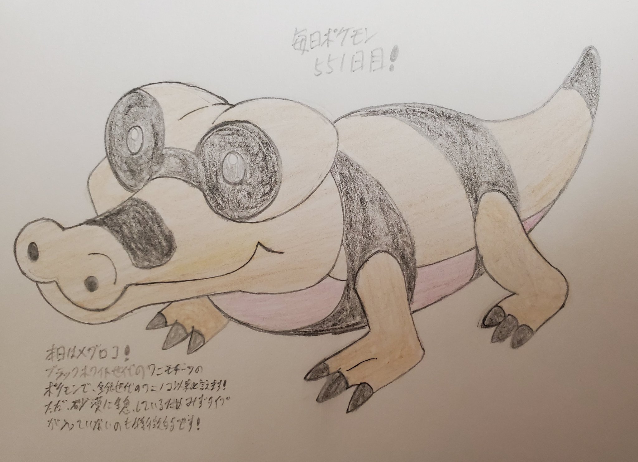 Runner Hiro Runrun 常識を超える 毎日ポケモンお絵描き 551日目 本日は 毎日お絵描き551日目ということで 全国図鑑no 551であるメグロコを描きました ブラックホワイト世代に登場した 金銀御三家であるワニノコ系統以来のワニモチーフポケモンになり