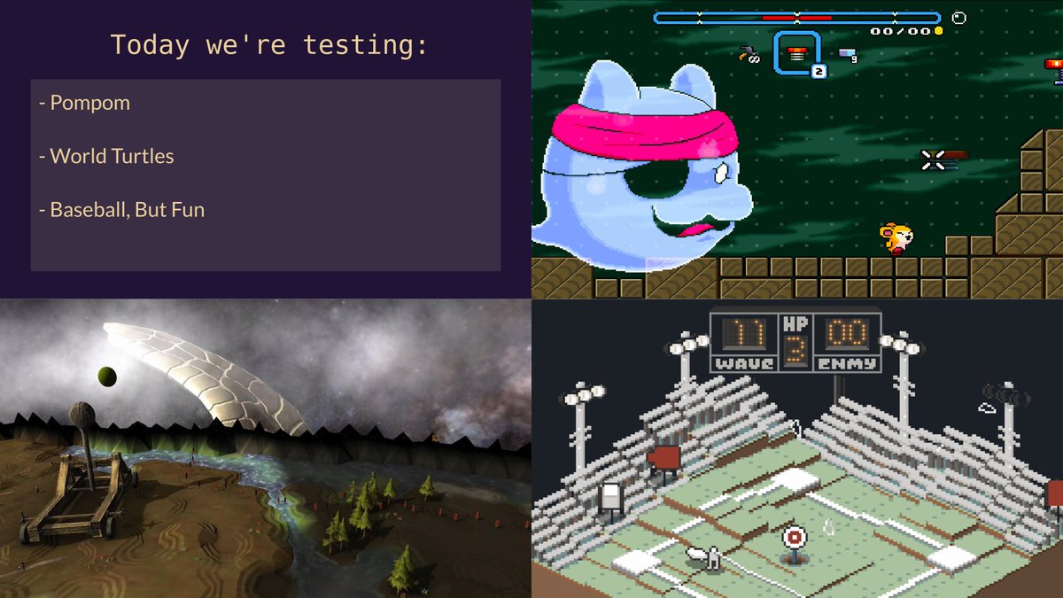 MoonlitMonitors's tweet photo. Hey #TestplayTuesday fans!

Today, we will be testing the demos of

Pompom
https://t.co/hbnhJUQZjU

#WorldTurtles
https://t.co/xpXYCRpoSy

Baseball, But Fun (@JMRSNH)
https://t.co/pkuUeBpo8j

Join us in ~ 1h or try out the demos yourself! https://t.co/HuVOHzPiBn