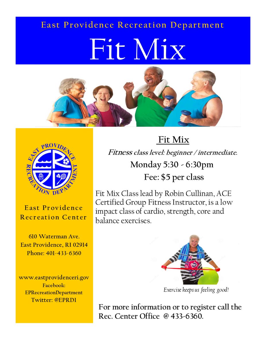 EPRD1's tweet photo. EPRD Fit Mix exercise class begins October 18th! Call the Rec Center @ 401-433-6360 to register. https://t.co/1JutpWEkKx