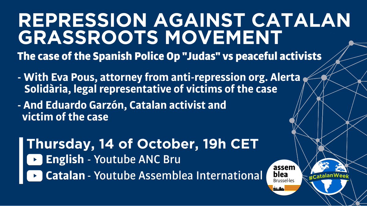 catalanassembly's tweet image. 🔴🌐#CatalanWeek #1O

📌L'@AncBru organitza l'acte de cloenda de la #CatalanWeek2021:

🗨️L'#OperacióJudes contra activistes pacífics, amb l'advocada Eva Pous i l'activista i víctima Eduardo Garzón

🗓️14-O🕖19h🇧🇪
📹YT anglès @AncBru
📹YT català @assemblea_int

#StandUpForCatalonia
