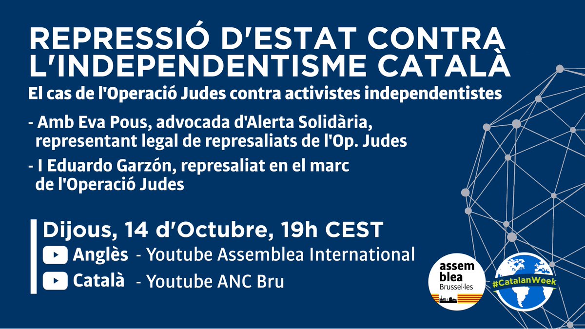 catalanassembly's tweet image. 🔴🌐#CatalanWeek #1O

📌L'@AncBru organitza l'acte de cloenda de la #CatalanWeek2021:

🗨️L'#OperacióJudes contra activistes pacífics, amb l'advocada Eva Pous i l'activista i víctima Eduardo Garzón

🗓️14-O🕖19h🇧🇪
📹YT anglès @AncBru
📹YT català @assemblea_int

#StandUpForCatalonia