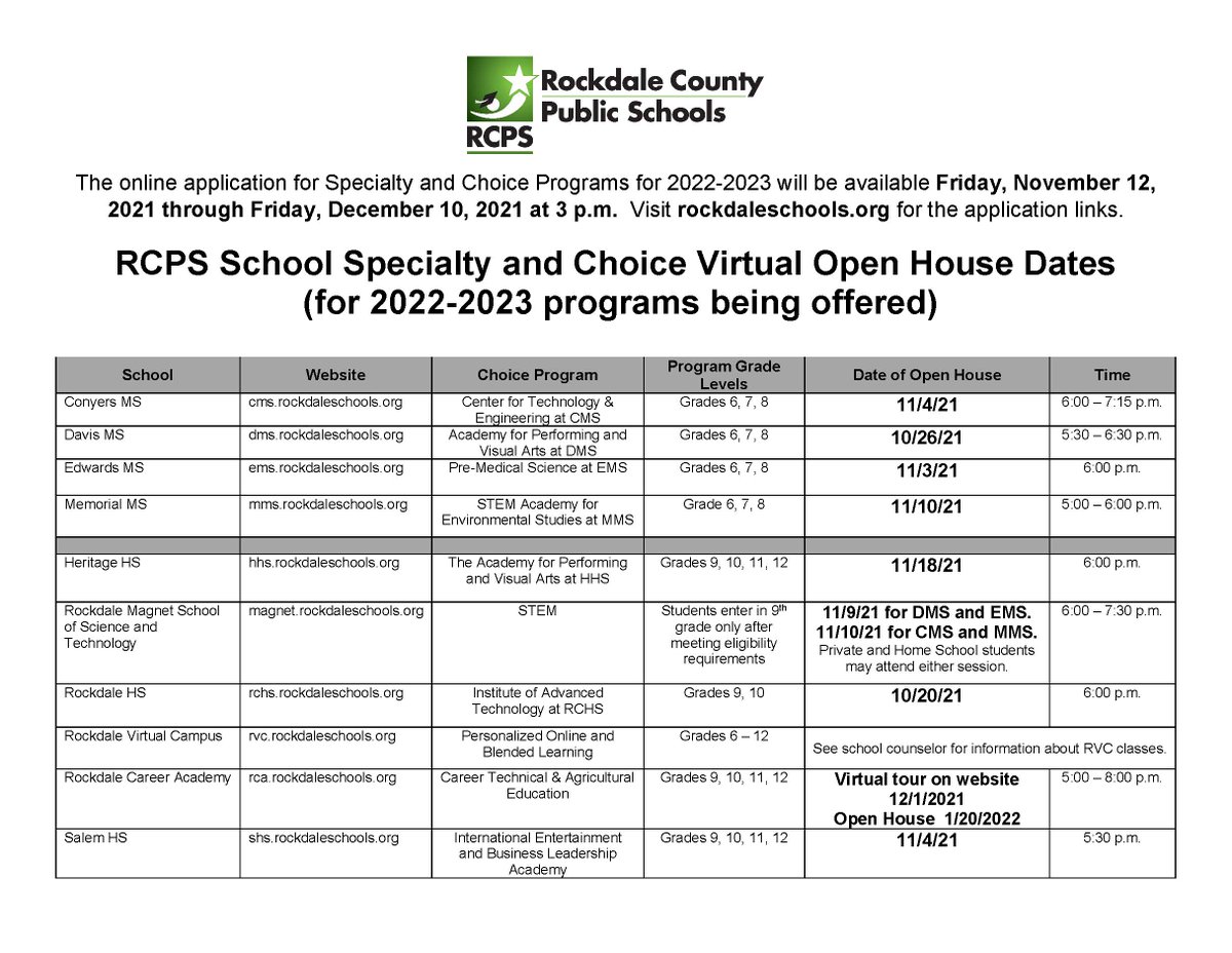 RCPS Specialty & Choice Virtual Open House for 2022-23: RCHS Institute of Advanced Technology, Wed. October 20, 2021, 6pm at rchs.rockdaleschools.org. The application window is November 12-December 10, 2021, at rockdaleschools.org/specialtyandch…