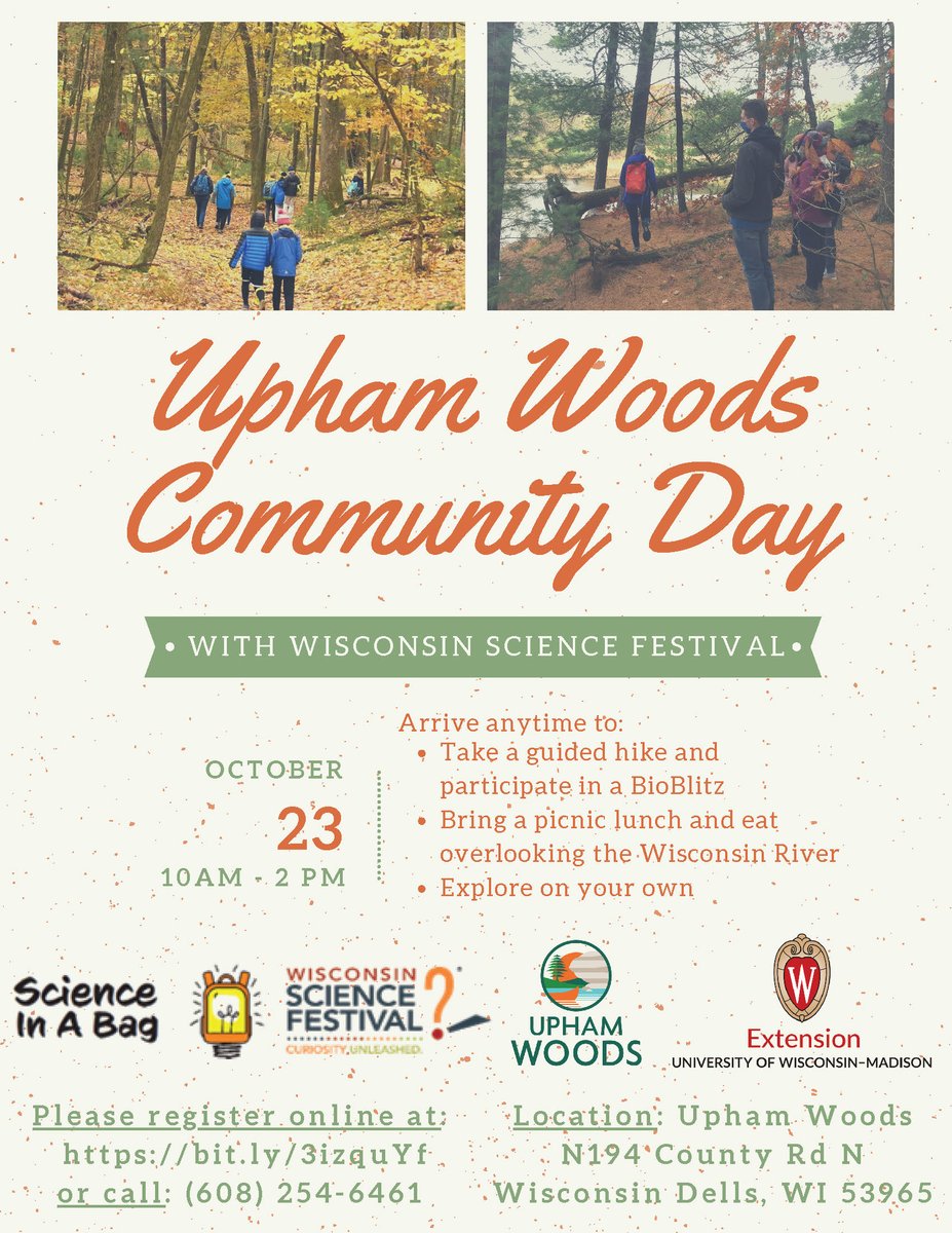 UWMadisonExtNRI's tweet image. On Oct. 23, @uphamwoods1941 is hosting a community day as part of the @WiSciFest. Take a guided hike, participate in a Bioblitz, or bring lunch and explore along the Wisconsin River!

Details: fb.me/e/4nJThw4jH