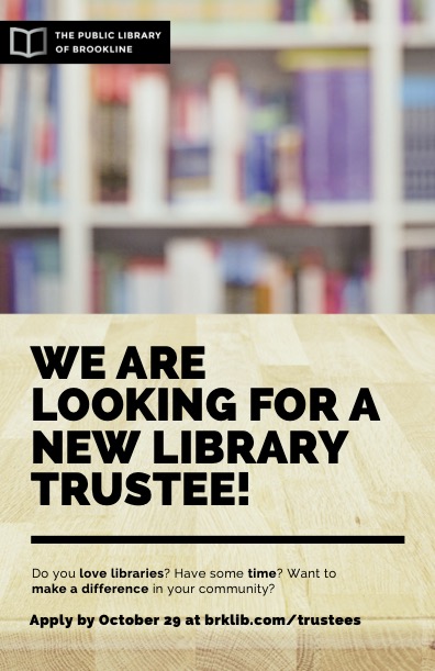 Chris Chanyasulkit (@chanyasulkit) on Twitter photo <a href="/brklib/">Public Library of Brookline</a> Trustees are looking for a new #Library Trustee! Love libraries? Want to make a difference in #Brookline? Apply by 10/29 at brklib.com/trustees <a href="/DriscollPTO/">Driscoll PTO</a> <a href="/TownofBrookline/">Town of Brookline</a> <a href="/PatchBrookline/">Brookline Patch</a> <a href="/BrooklineTAB/">WickedLocalBrookline</a> <a href="/mblclibraries/">MBLC</a> <a href="/TommyVitolo/">Tommy Vitolo</a> <a href="/cindycreem/">Cynthia Creem</a> <a href="/NikaElugardo/">Nika Elugardo</a> <a href="/brklib/">Public Library of Brookline</a> Trustees are looking for a new #Library Trustee! Love libraries? Want to make a difference in #Brookline? Apply by 10/29 at brklib.com/trustees <a href="/DriscollPTO/">Driscoll PTO</a> <a href="/TownofBrookline/">Town of Brookline</a> <a href="/PatchBrookline/">Brookline Patch</a> <a href="/BrooklineTAB/">WickedLocalBrookline</a> <a href="/mblclibraries/">MBLC</a> <a href="/TommyVitolo/">Tommy Vitolo</a> <a href="/cindycreem/">Cynthia Creem</a> <a href="/NikaElugardo/">Nika Elugardo</a>