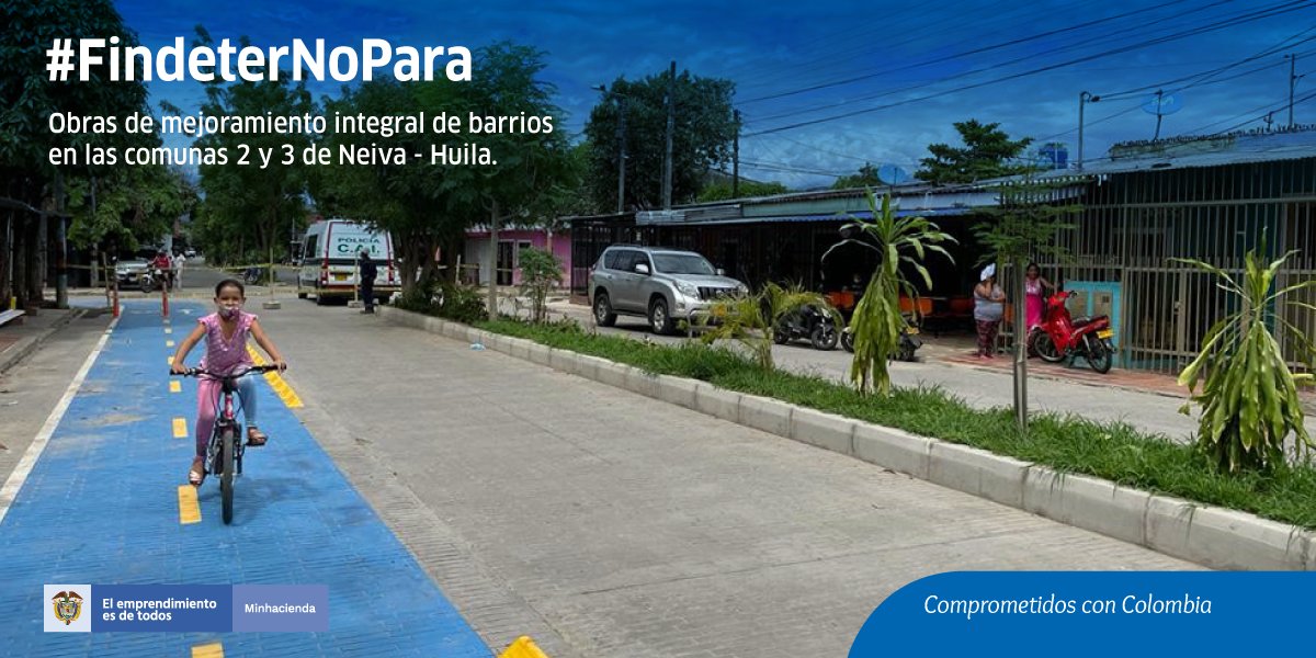 Findeter's tweet photo. Con recursos de @Minvivienda avanzamos en un 87% en la ejecución de las obras de Mejoramiento Integral de Barrios en #Neiva #Huila, que incluyen la rehabilitación de vías y nuevos espacios urbanos. El proyecto beneficia a 2.100 familias. @SgomezSandra https://t.co/sRMZwTB0ic