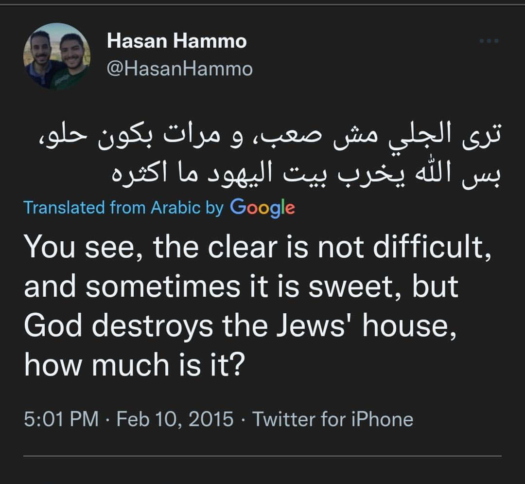StopAntisemites's tweet photo. Additional tweets from Hasan Hammo.
All tweets have been archived here: https://t.co/pua2xn3sxy including the above tweet which can be found here: https://t.co/9zyri3PQk6 https://t.co/4JiMf0Aa5F