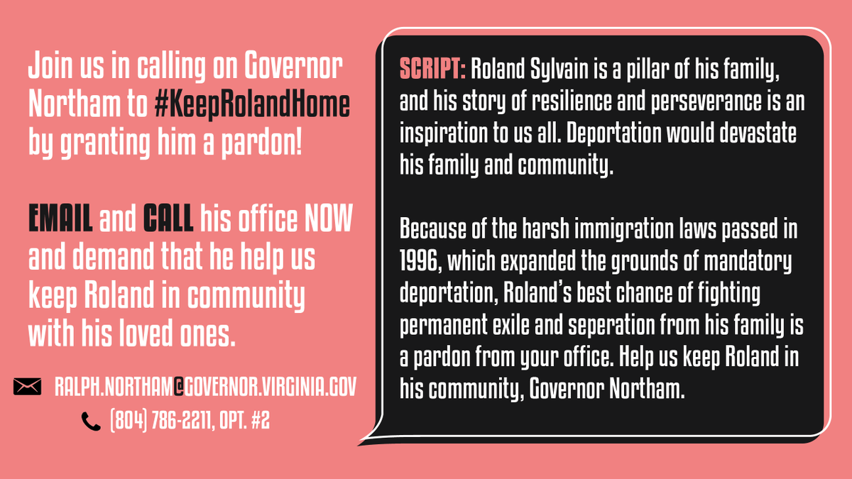 ImmDefense's tweet photo. Roland is a 35 year resident of the U.S. facing deportation to Haiti. Do your part to keep Roland's family together:

☎️☎️ Call @GovernorVA &amp; ask him to grant a pardon that would halt the deportation process &amp; #KeepRolandHome! 

Script and phone number ⬇️⬇️ https://t.co/9Nv18yuOlI