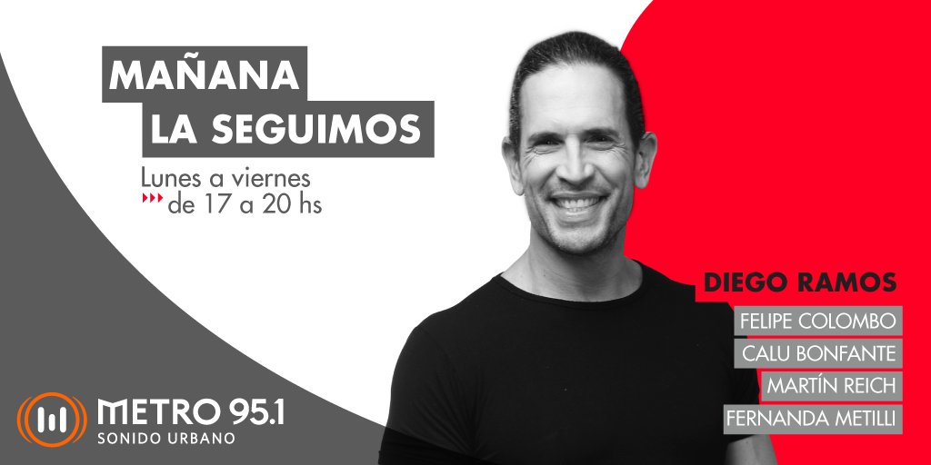 Metro 95.1 (@metro951) on Twitter photo #DiegoRamos se suma a la programación de
<a href="/Metro951/">Metro 95.1</a> Sonido Urbano.
Desde hoy se inicia una nueva temporada de
<a href="/mananaseguimos/">Mañana la Seguimos</a>, programa que va de lunes a viernes de 17 a 20 hs por METRO 95.1 Sonido Urbano. #DiegoRamos se suma a la programación de
<a href="/Metro951/">Metro 95.1</a> Sonido Urbano.
Desde hoy se inicia una nueva temporada de
<a href="/mananaseguimos/">Mañana la Seguimos</a>, programa que va de lunes a viernes de 17 a 20 hs por METRO 95.1 Sonido Urbano.