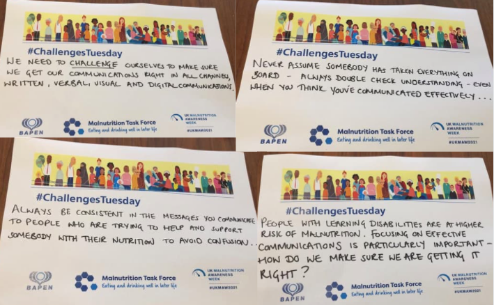 BAPENUK's tweet image. BAPEN's Communications Officer Kate Hall has used #ChallengesTuesday to share communications challenges that can arise when delivering nutrition care. Have you shared yours yet? Get involved! #UKMAW2021