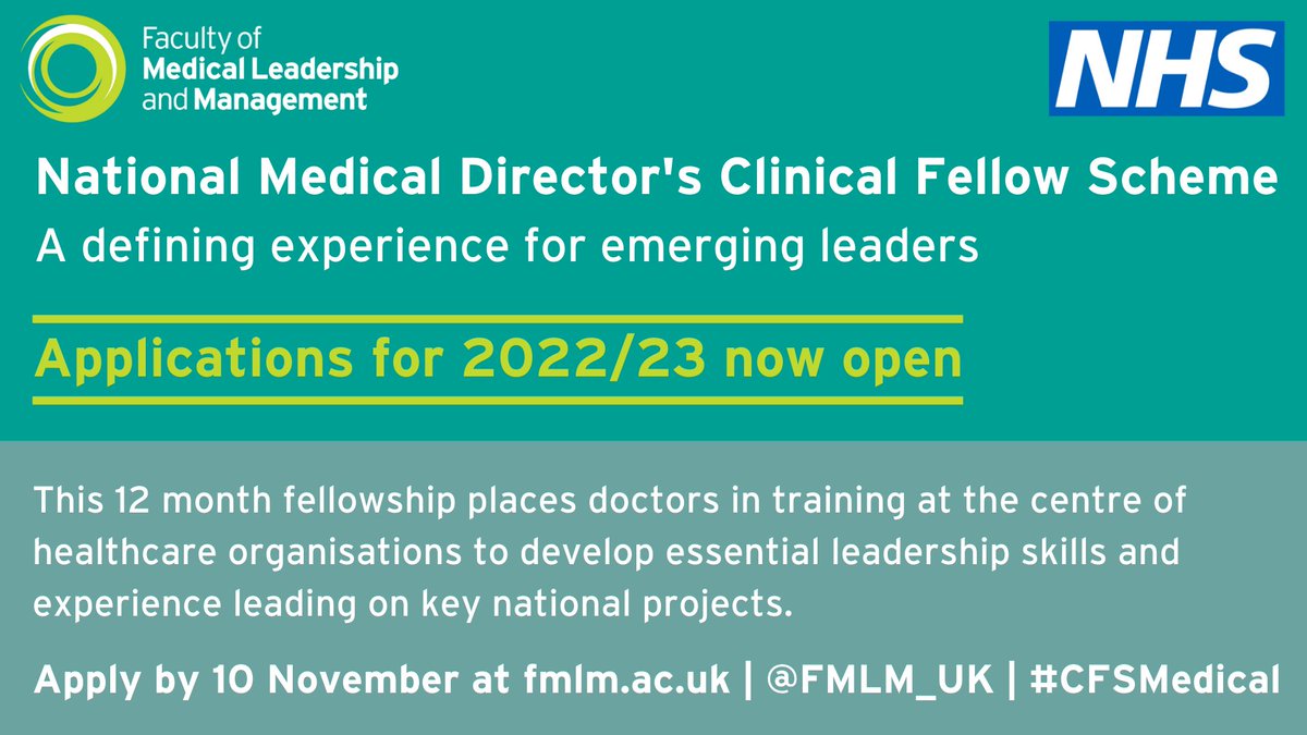 FMLM_UK's tweet image. The National Medical Director’s Clinical Fellow Scheme 2022/23 is open for applications. The scheme provides doctors in training the opportunity to spend 12 months working with host organisations to develop leadership and management skills.fmlm.ac.uk/clinical-fello… @NHSEnglandNMD
