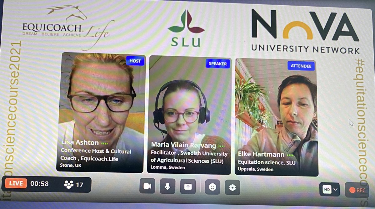 MariaRorvang's tweet photo. Concluding the #equitationsciencecourse2021 with a panel discussion with the brilliant @EquiSci on vulnerability, curiosity and Empathy.
Thanks to all our great guest lecturers and students for making this year’s course a fantastic experience!
#equitationscience #slu https://t.co/ODSoRMwEYc