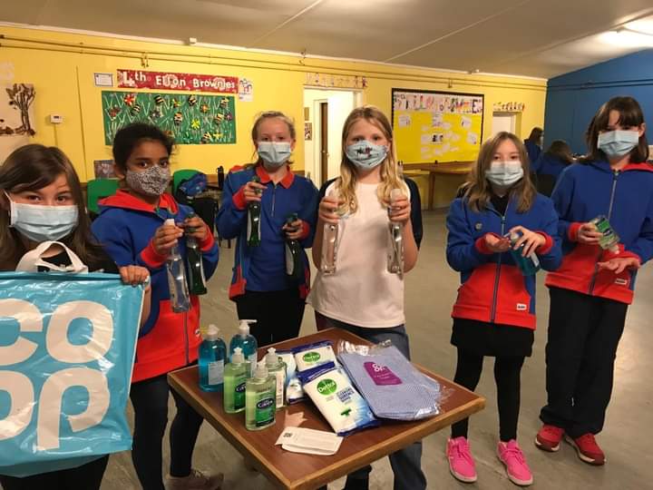 barb_last's tweet photo. Great photo of 1st Ellon Guides receiving cleaning products &amp; hand sanitizer donated from #Ellon @coopuk. Girlguiding leader Moira said 'We appreciate the support in these times with additional cleaning to do. Thanks Co-op. We are very grateful'. #girlguidinguk @DeanKnox1980 https://t.co/VOatrMOmJY