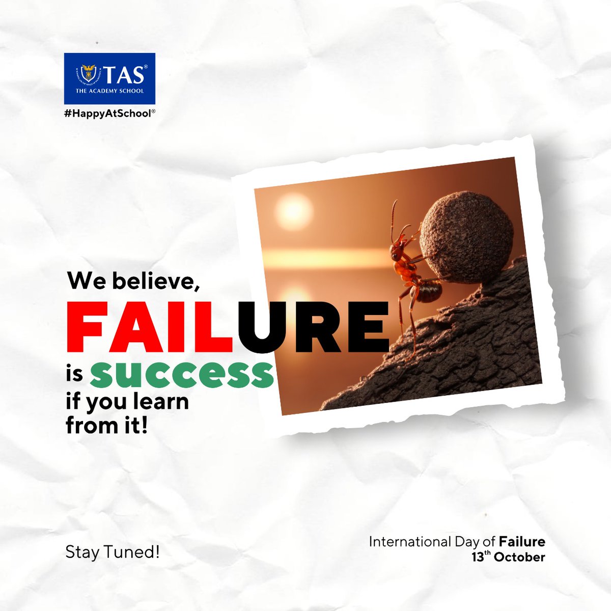 TASchoolIndia's tweet photo. If you cannot fail, you cannot learn!

Bringing you an amazing activity on this International Day of Failure!

Stay Tunned!

#InternationalDayOfFailure #Failure #LearnFromFailure #SpecialActivity #TAS #TASPune #TASIndia #TheAcademySchool #HappyAtSchool #ICSESchool #Pune #India https://t.co/EXpfzI57qv