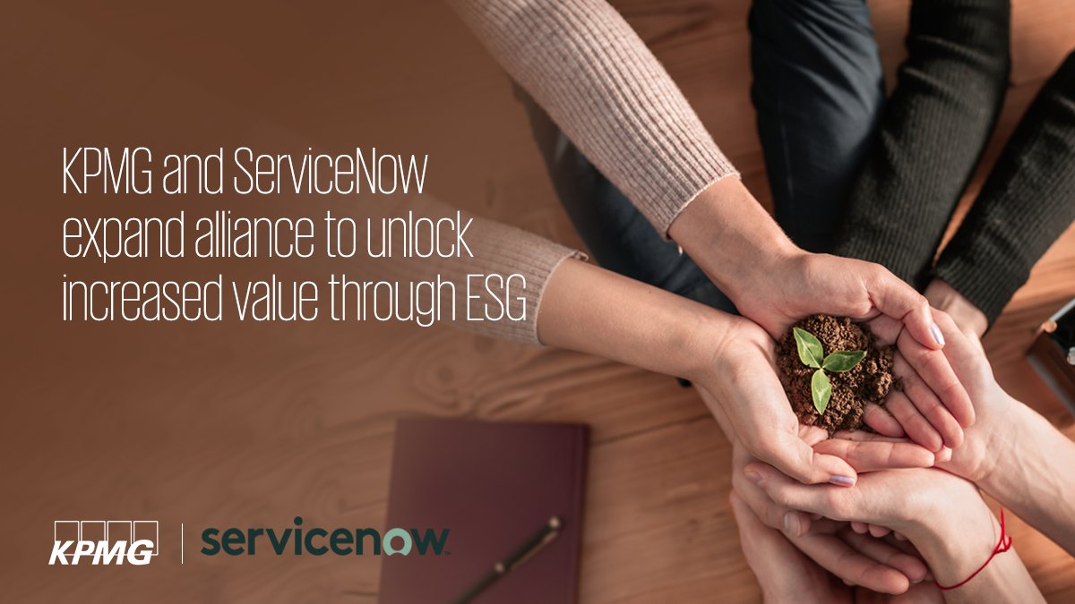 KPMG's tweet photo. KPMG is delighted to be @ServiceNow's lead launch partner for a new integrated ESG solution that helps provide visibility and transparency across ESG initiatives and unlocks value by helping businesses take a proactive approach to ESG.  https://t.co/LzMqvFWhok https://t.co/IOL2GWmjXK