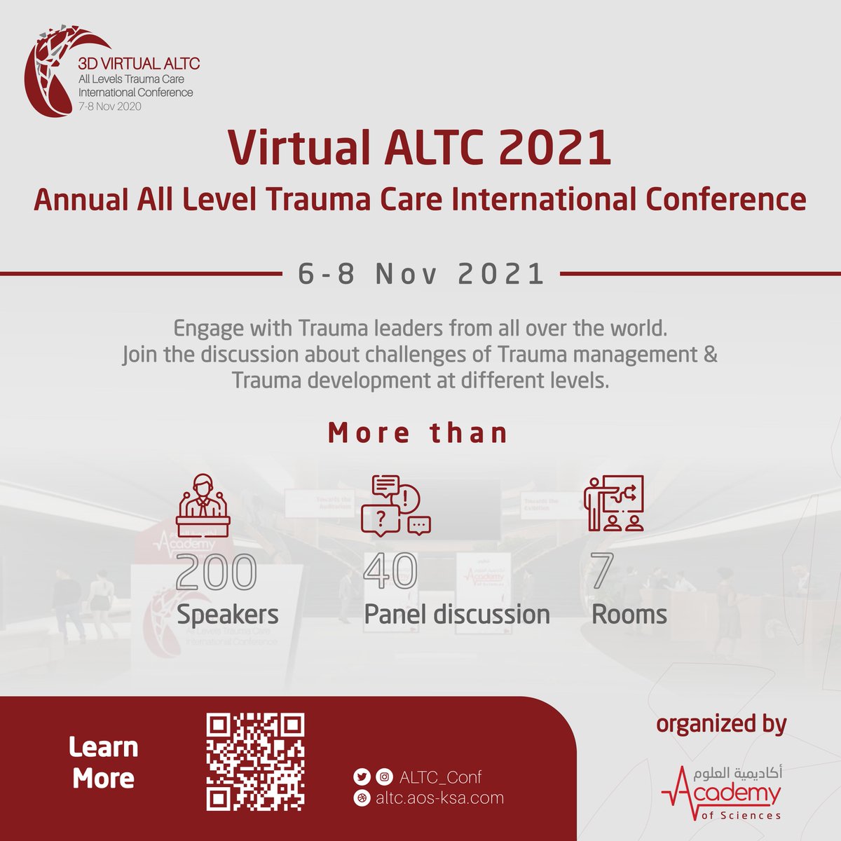 aos_ksa_'s tweet image. Engage with Trauma leaders from all over the world and join the discussion about challenges of Trauma management &amp;amp; Trauma development at different levels at #ALTC2021 

Learn more:
altc.aos-ksa.com

#مؤتمر_الإصابات_الثاني_لجميع_المستويات