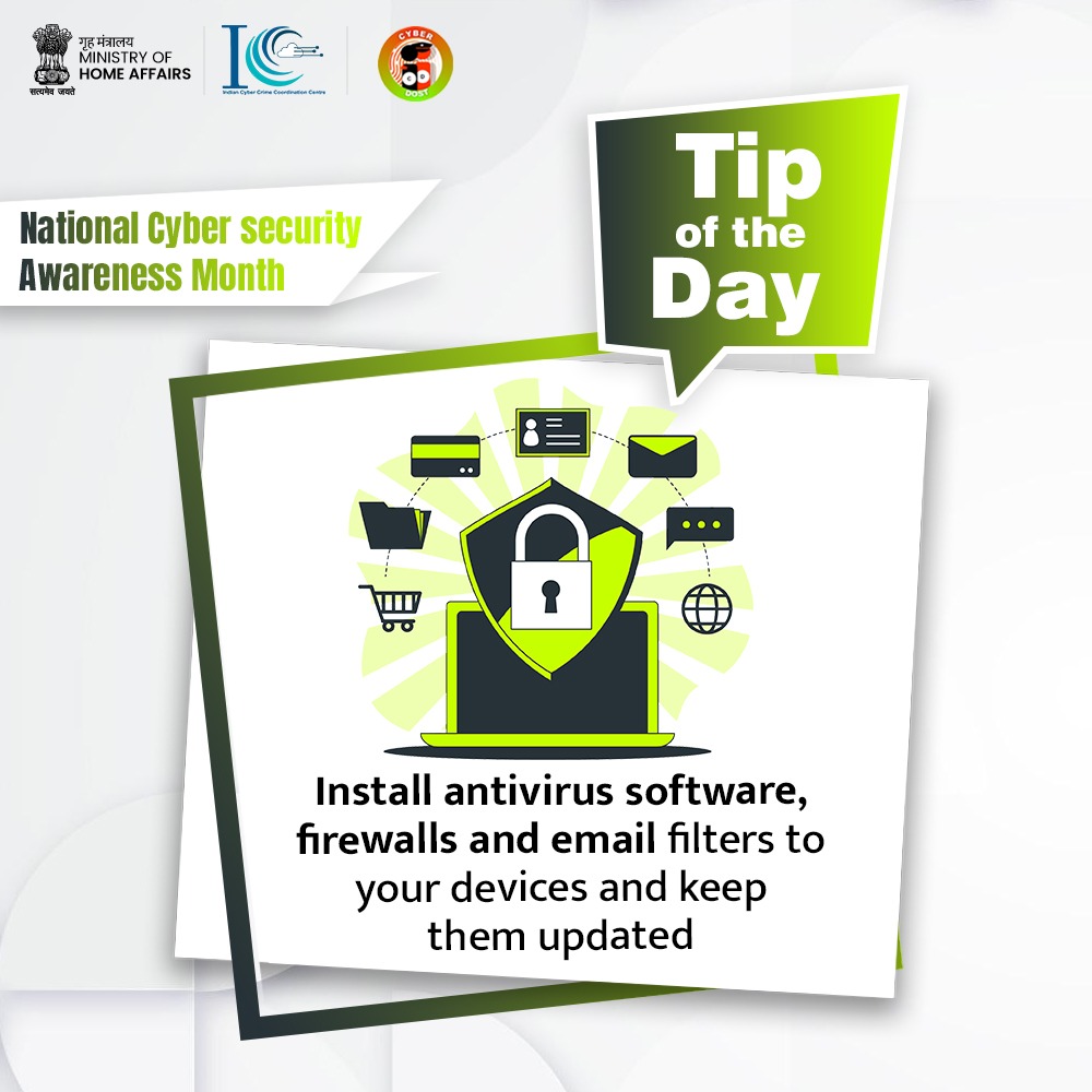 Cyberdost's tweet photo. Install antivirus software, firewalls and email filters to your devices and keep them updated. Beware and Be #Cybersafe https://t.co/raqPqlehAf