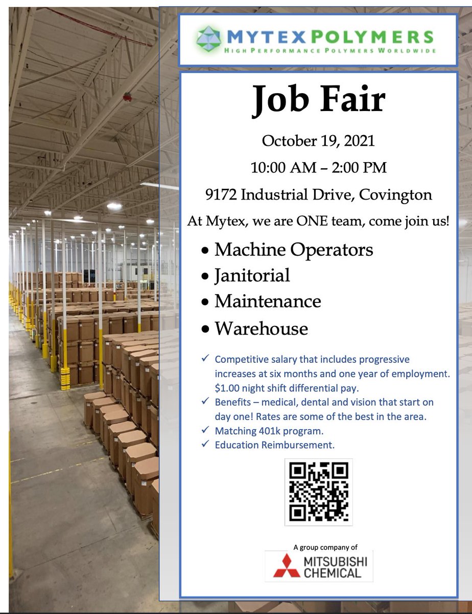 SelectnewtonOED's tweet image. Do you know someone who is underemployed or underemployed?  Tired of the commute?  Please share the word - Mytex Polymers is having a job fair at their facility at 9172 Industrial Drive on October 19 from 10:00 AM to 2:00 PM.  #SelectNewton #NewtonNow #OneNewton