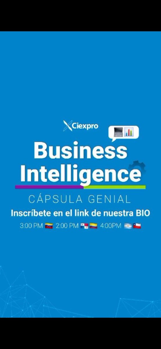 <a href="/ciexpro/">Ciexpro</a> te invita a su Cápsula Genial Business Intelligence con nuestra experta <a href="/monicatahan/">Mónica</a> especialista del área. Inscríbete sin costó en link de nuestra BIO y conoce con casos prácticos, los beneficios de esta competencia para tu negocio. #EscuelaDeNegociosDigitales