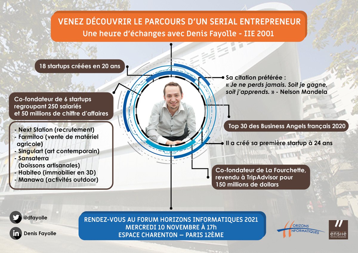 🔴 [SAVE THE DATE] 📅

Le 10/11/2021, le Forum Horizons Informatiques invite les étudiants de l’ENSIIE à découvrir les offres de stages proposées par les entreprises partenaires. 

Ainsi qu'une conférence exclusive avec <a href="/dfayolle/">Denis Fayolle</a> 
- IIE 2001 🚀

📌Espace Charenton - Paris 12ème
