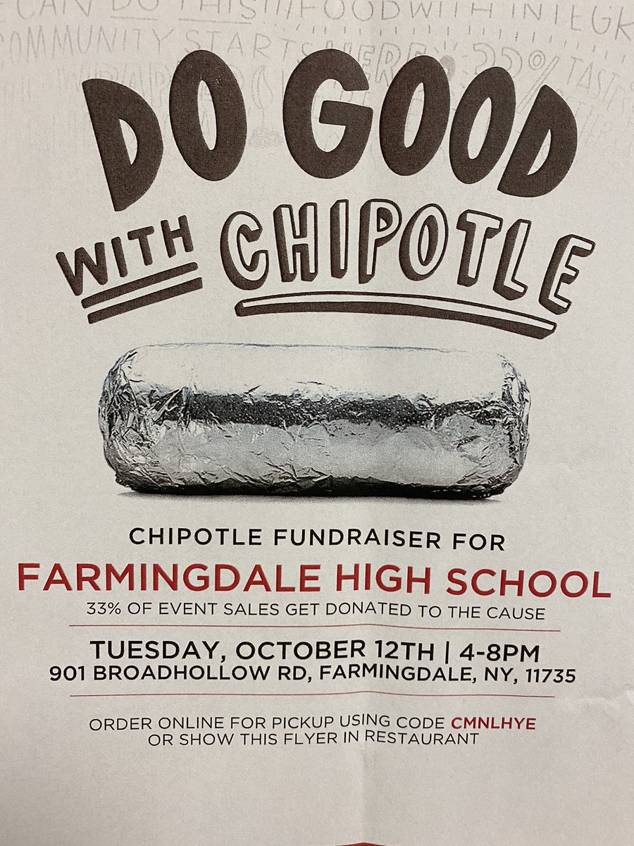Support the Class of 2024 by grabbing some Chipotle tonight! Show this flyer or use the code to order online #dalers <a href="/FHSDalers/">FHS Dalers</a>