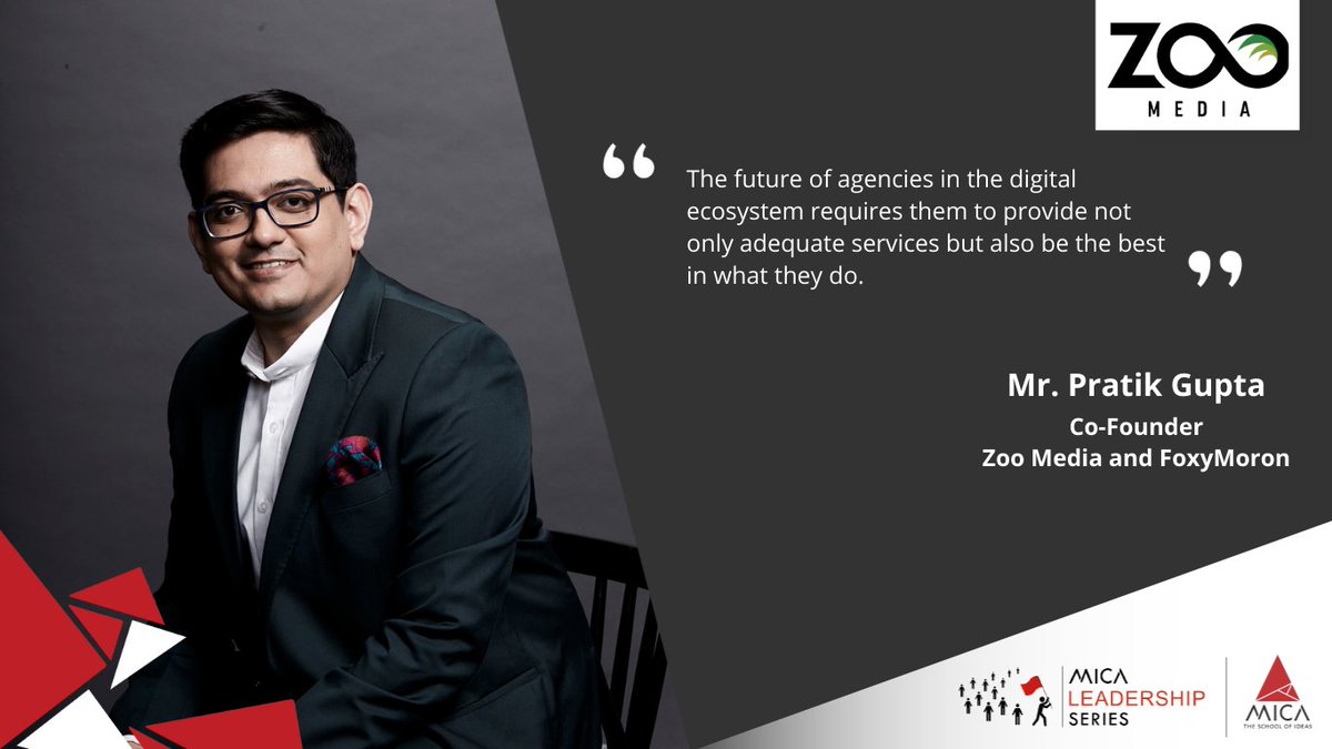 MICA_Ahmedabad's tweet photo. Talking about the future of agencies in the Digital world, Mr. Pratik Gupta, Co-Founder, Zoo Media, and FoxyMoron stated, "While services add width, specializations add depth to the work."
@MLS_MICA @befoxy @pratikgupta #ZooMediaAtMICA https://t.co/fwEOPFBnHJ